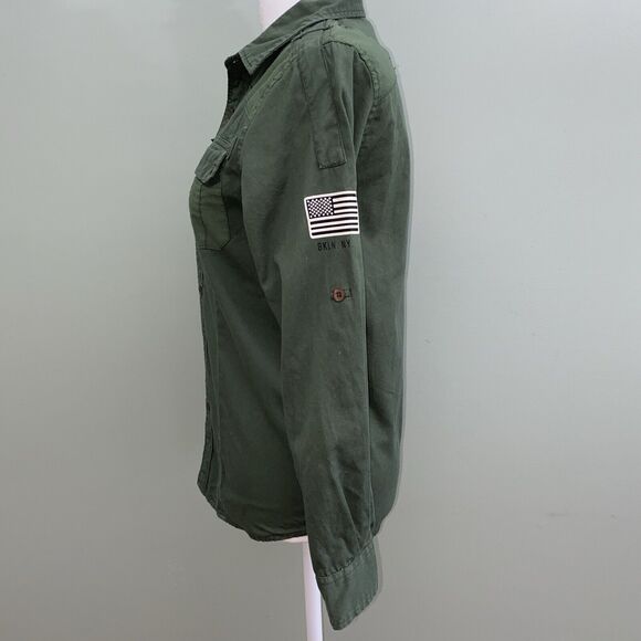 Rocawear Green Button Up Shirt Roll Tab Sleeve Military Y2K Womens Medium - Picture 4 of 10
